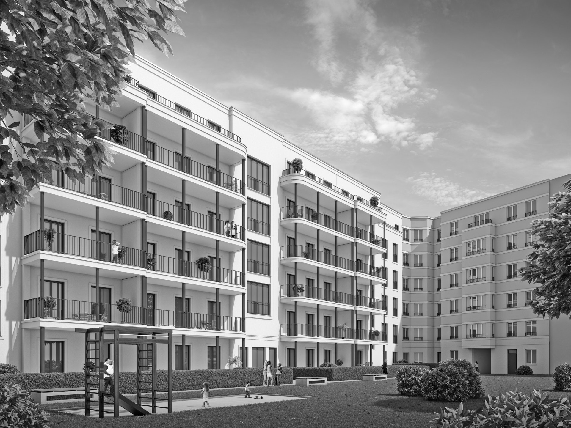 Eine neue Straße für den Friedrichshain, Berlin, Innenhof mit Balkonanlagen, Rendering