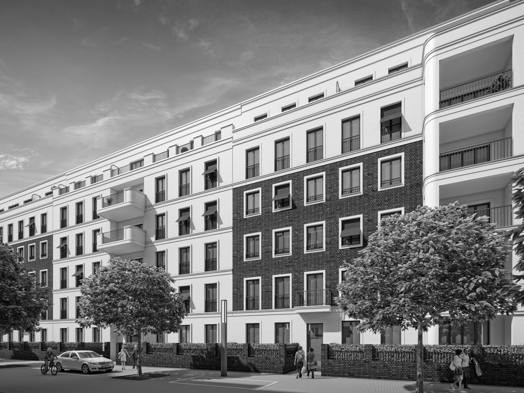 Eine neue Straße für den Friedrichshain, Fassaden Döringstraße 4 bis 8 mit Loggiatürmen und Vorgärten, Berlin, Rendering