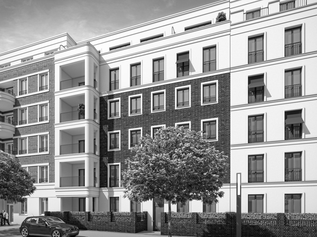 Eine neue Straße für den Friedrichshain, Fassade Döringstraße 4 mit Loggiaturm und Vorgarten, Berlin, Rendering