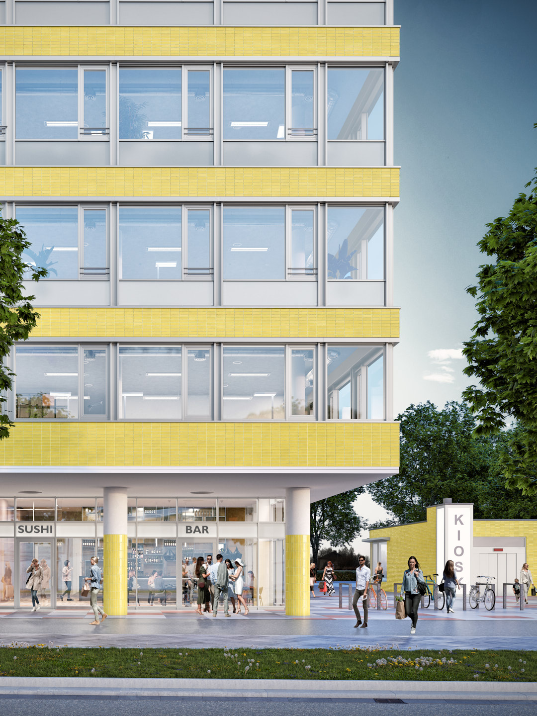 Wohn- und Geschäftshaus an der Jannowitzbrücke, Holzmarktstraße 66, Berlin, Erdgeschoss mit Restaurant, Bar und Pavillon im Hintergrund, Rendering