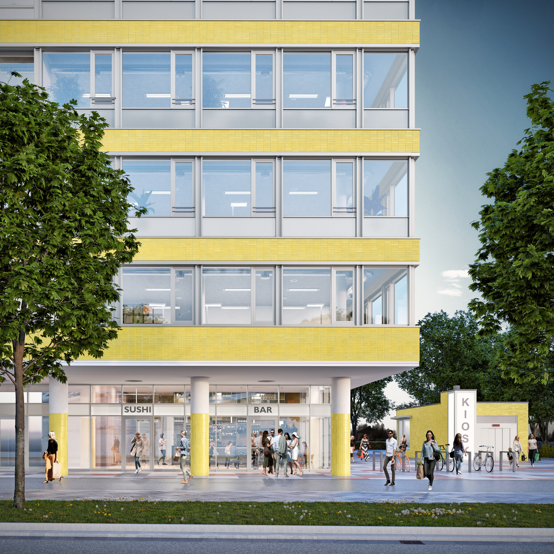 Wohn- und Geschäftshaus an der Jannowitzbrücke, Holzmarktstraße 66, Berlin, Erdgeschoss mit Restaurant, Bar und Pavillon im Hintergrund, Rendering