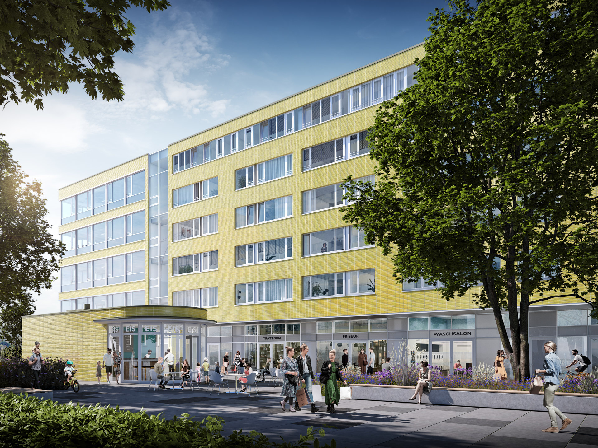 Wohn- und Geschäftshaus an der Jannowitzbrücke, Holzmarktstraße 66, Berlin, Blick auf den Platz am Mehlbeerenweg mit Pavillon, Rendering