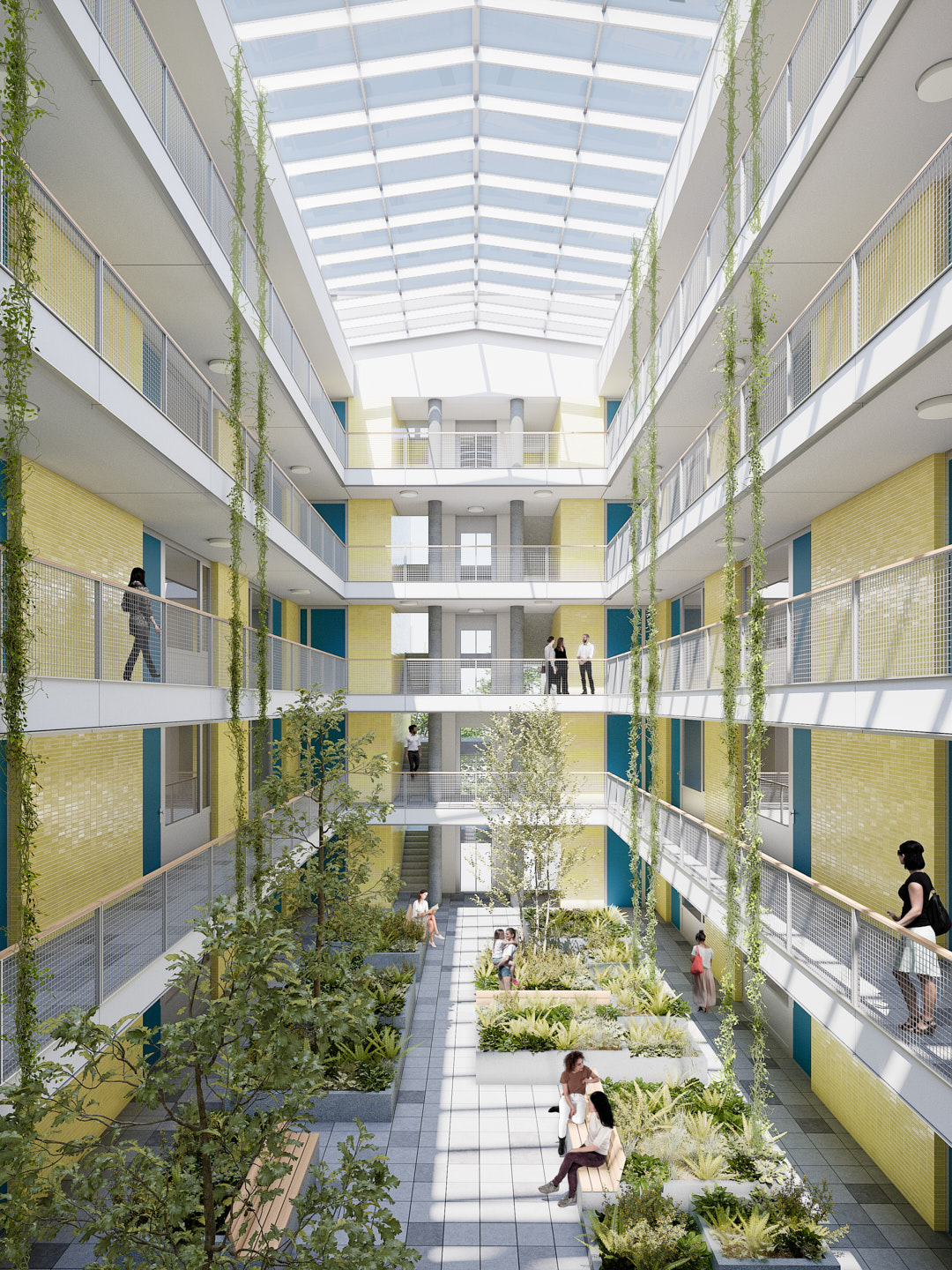 Wohn- und Geschäftshaus an der Jannowitzbrücke, Holzmarktstraße 66, Berlin, begrünter Innenhof mit Laubengängen und Glasdach, Rendering