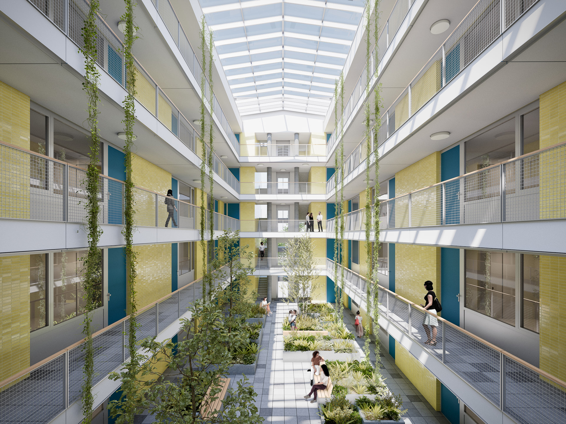 Wohn- und Geschäftshaus an der Jannowitzbrücke, Holzmarktstraße 66, Berlin, begrünter Innenhof mit Laubengängen und Glasdach, Rendering